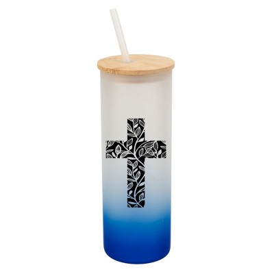 Elanze Designs Duo Floral Flower Faith Cross Wrap-Around Design 25 Ounce Frosted Gradient Glass On-The-Go Coffee Travel Skinny Tumbler Mug Cup, Bamboo