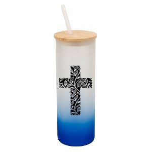 Elanze Designs Duo Floral Flower Faith Cross Wrap-Around Design 25 Ounce Frosted Gradient Glass On-The-Go Coffee Travel Skinny Tumbler Mug Cup, Bamboo - 1 of 1