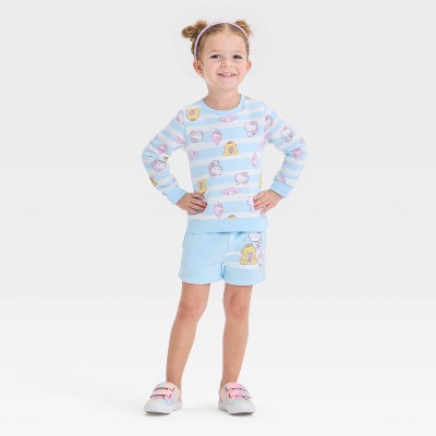 Toddler Girls' 2pc Hello Kitty Striped Fleece Pullover Top & Shorts Set - Blue