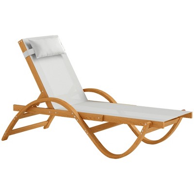 Outsunny Larch Wood Lounge Chair, 4-Level Adjustable Tanning Chair, Full Flat Patio Lounger with Mesh Seat for Patio Beach