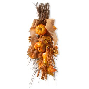 18" Artificial Fall Teardrop Pumpkin and Leaves Wall Decoration - National Tree Company - 1 of 2