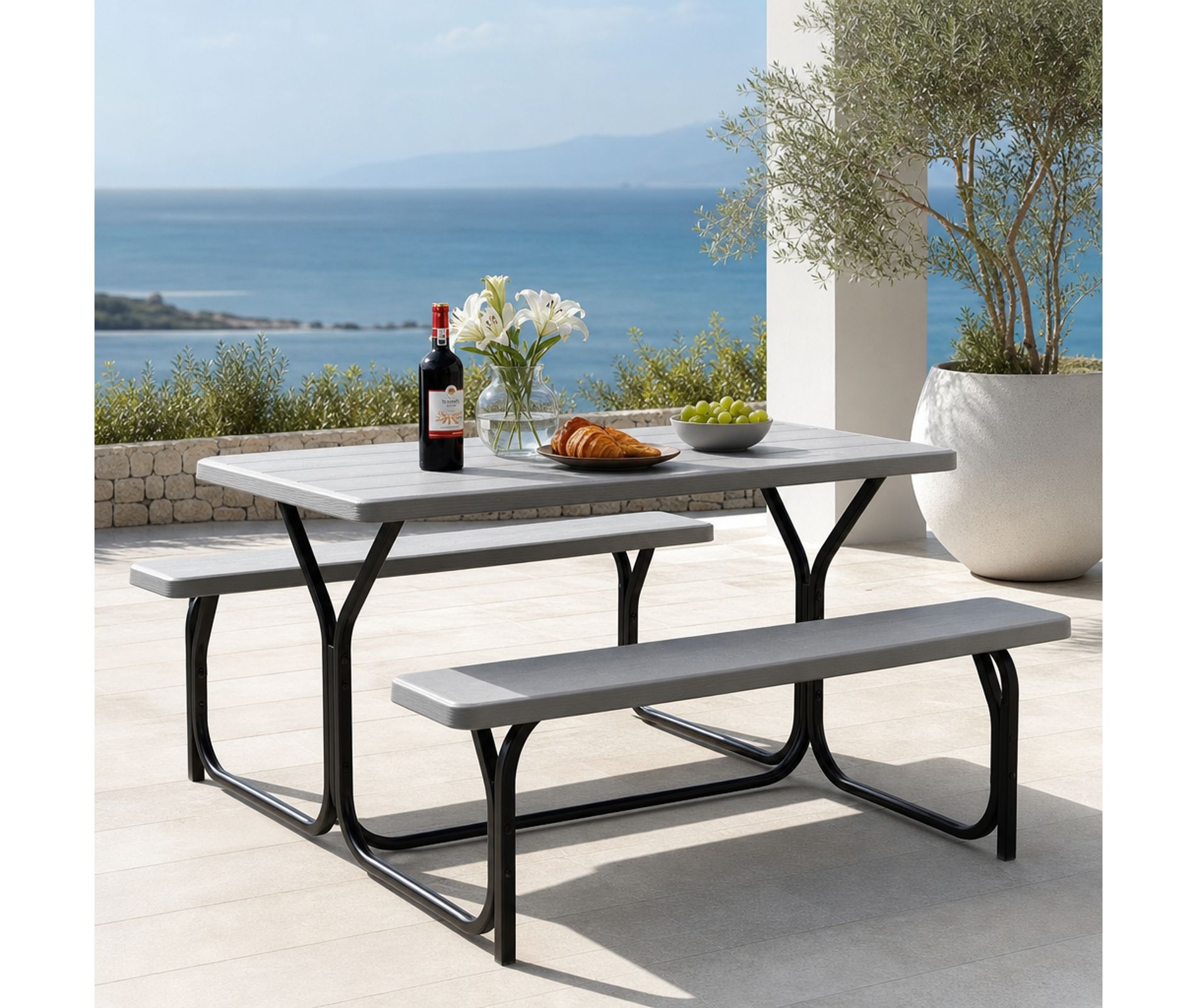 Picnic Table Bench Set for Outdoor Camping, 54 Inch Patio Dining Table with Metal Base, Gray