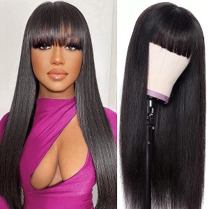 18"-38" Long Straight Wig With Bangs Blended Human Hair WigsWith Fringe Natural Black Jessie's Wig - 1 of 4