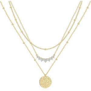 Stackable Layered Necklace 14K Gold Silver Plated CZ Circle Pendant Gift - 1 of 4