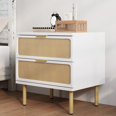 AMERLIFE 20" W Rattan Boho Nightstand With 2 Ample Storage Drawer