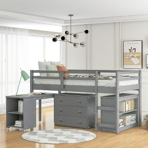 PAGED Simple Wooden Low Loft Bed Bunk Bed with Movable Desk, Twin Size Bed Frame with Storage, Ladder and Guardrail for Kids, Teens - 1 of 4