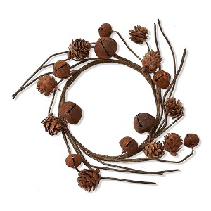 tagltd 8-inch Pinecone and Bell Wreath Fall Harvest Wall Decoration Tabletop Centerpiece Fireplace Mantel Decoration Candle Vase Accessory - 1 of 2
