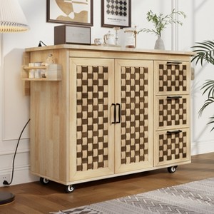 Wooakway 53"W Kitchen Island Cart with Drop Leaf in Nature 3D Woven Checkerboard Design with Power Outlet and Storage - 1 of 4