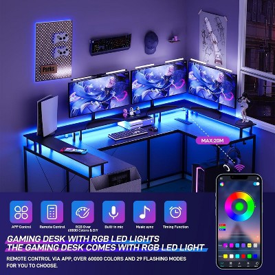 78.8" U Shaped Computer Desk with Power Outlets, USB Ports, LED Strip and Monitor Stand, Reversible L Shaped Desk with Storage Shelves