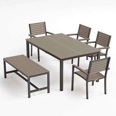 Travira 6pc Outdoor Set with Rectangular Table, Slat Chairs & Bench - Oxford Garden