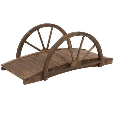 3.3ft Wooden Garden Bridge Arc Footbridge with Half-Wheel Style Railings & Solid Fir Construction, Stained Wood