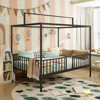 Polibi 3-in-1 Convertible Montessori Metal Floor Bed with Fence Guardrails and Canopy Frame