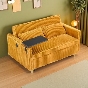 54.13" Pink Corduroy Pull-Out Sofa with Movable Tabletop, USB & 2 Throw Pillows - 1 of 4