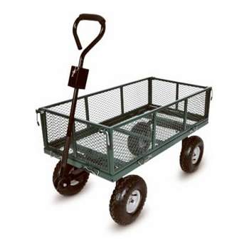 Green Thumb 4 Wheel Powder Coated Steel Garden Cart with Removable Mesh Sidewalls and Handles, Convertible to Trailer Hitch For Easy Towing, Green