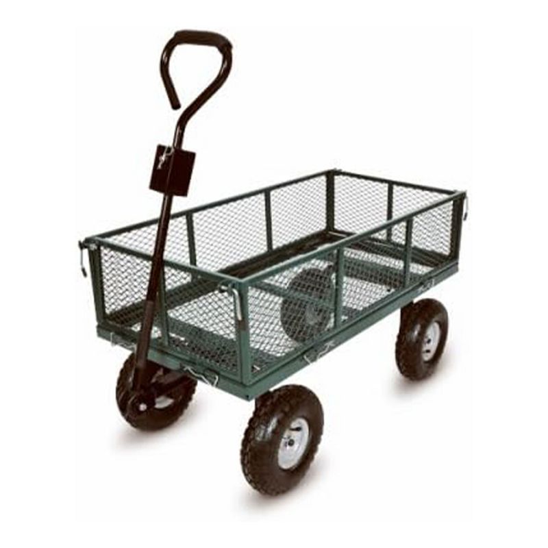 Green Thumb 4 Wheel Powder Coated Steel Garden Cart with Removable Mesh Sidewalls and Handles, Convertible to Trailer Hitch For Easy Towing, Green, 1 of 7