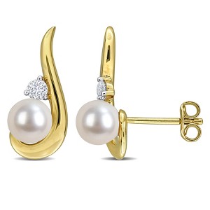 Yellow Plated Sterling Silver 6 - 6.5 MM Cultured Freshwater Pearl and 1/3 CT TGW Created White Sapphire Swirl Drop Earrings - 1 of 4
