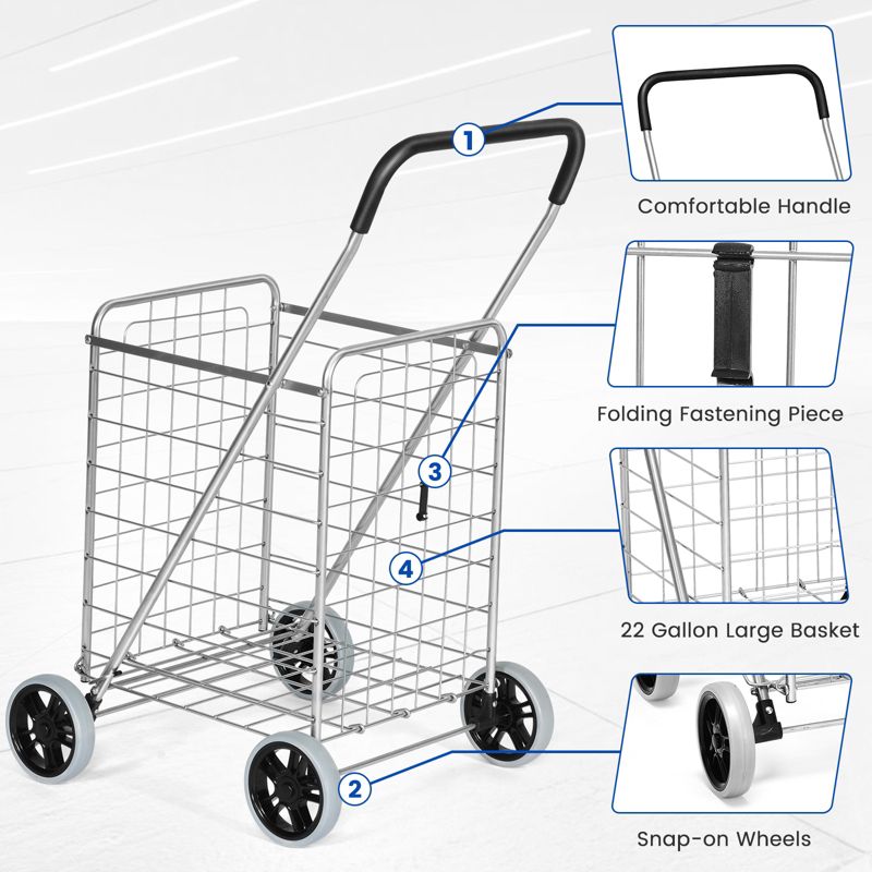Tangkula Folding Shopping Cart Utility Trolley Grocery Cart with Wheels Black/ Silver, 5 of 8