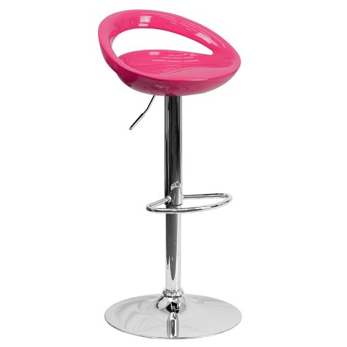 Flash Furniture Contemporary Pink Plastic Adjustable Height Barstool With Rounded Cutout Back And Chrome Base Target