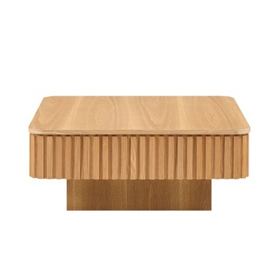 Vynxaria Modern Handcraft Drum Coffee Table, 35.43" Square, Natural Color, Lift-Top (Buffer Mechanism) + Hidden Storage