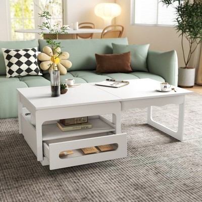 Modern Coffee Tables for Living Room, LED Coffee Table, Storage Coffee Table, Wood Center Table with 2 Drawers and Open Side Shelf, White