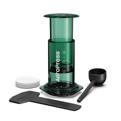 AeroPress Clear Single-Serve Coffee Maker Green: Manual 8 oz Capacity, Plastic, Paper Filter, Washable, 1-Year Warranty