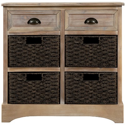 Vynxaria Rustic Storage Cabinet: 2 Drawers, 4 Rattan Baskets, No Assembly for Dining Room, Entryway, Living Room