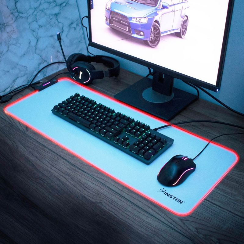 Insten - RGB Mouse Pad Gaming XXL Extended, LED Soft Cloth with 1 USB Hub Mat, Ergonomic Anti-Slip Rubber Base, White 31.5 x 12 x 0.16 in, 4 of 9
