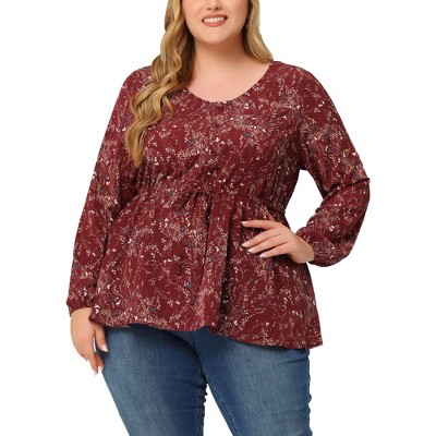 Agnes Orinda Women's Plus Size Round Neck Button Up Puff Floral Long Sleeve Casual Peplum Blouses