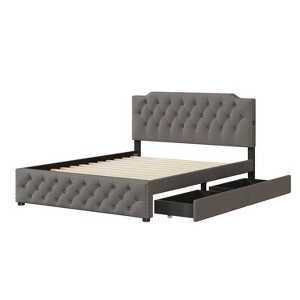 Linen Upholstered Bed with 2 Drawers & Dual USB Ports - Stylish & Functional - 1 of 4