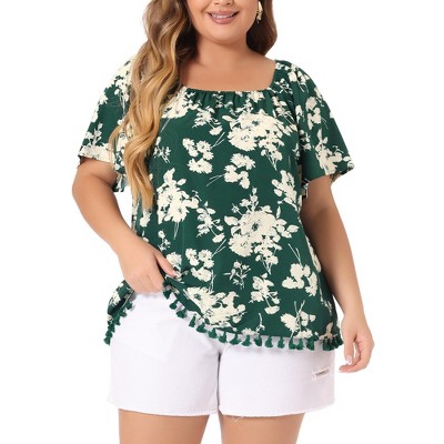 Agnes Orinda Women's Plus Size Floral Tassel Hem Square Round Casual Blouses