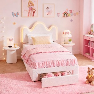 LED Bed Frame with Storage Drawers, Cute Flower Headboard with Soft Teddy Fleece Fabric Bed Frame for Kids Girls - 1 of 4