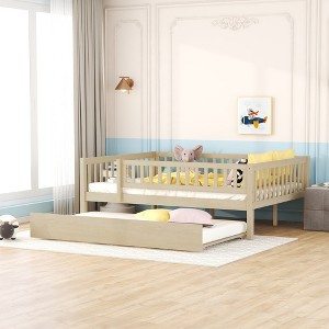 Whisen Twin Size Wood Daybed with Space-Efficient Trundle and Fence Guardrails, Sturdy Structure - 1 of 4