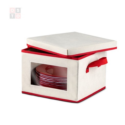 OSTO Holiday Dinnerware Storage Box with Lid; Plate Box Has Cardboard  Insert, Lid, Handgrips, Clear Window; Non-Woven Fabric Color Ivory and Red