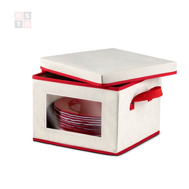 OSTO Holiday Dinnerware Storage Box with Lid; Plate Box Has Cardboard Insert, Clear Window, Handgrips; Non-Woven Fabric Color Ivory and Red, 1 of 5