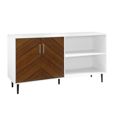 58" MDF Faux Bookmatch-Door Modern Asymmetrical TV Stand with Metal Legs, Open Storage, and Cabinet Handles for Living Room and Bedroom