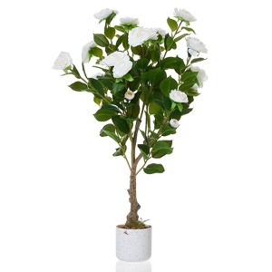 2.8FT Artificial Camellia Tree with White Flowers, Faux Plant in Pot for Home Office Decor - 1 of 4