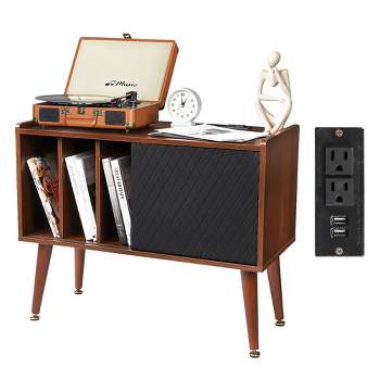 Record Player Stand with Charging Station, Vinyl Record Storage Cabinet with Sliding Door