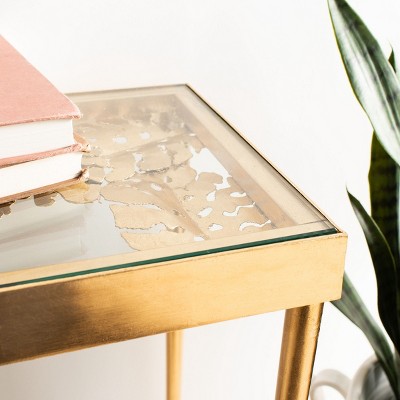 Ethereal Gold Leaf Palm Leaf Rectangular Glass Console Table