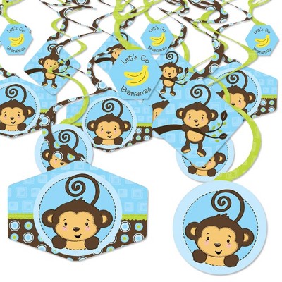 Big Dot of Happiness Blue Monkey Boy - Baby Shower or Birthday Party Hanging Decor - Party Decoration Swirls - Set of 40