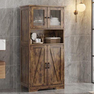 50.4" Tall Bathroom Cabinet, Farmhouse Bathroom Linen Cabinet with Adjustable Shelves, Freestanding Kitchen Pantry Cabinets for Living Room