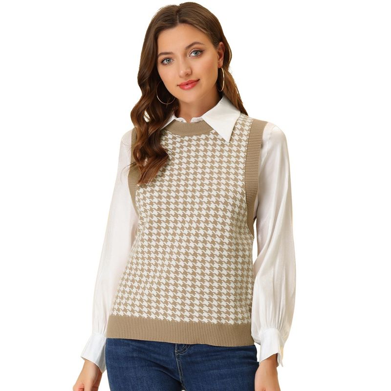 Allegra K Women's Round Neck Sleeveless Houndstooth Plaid Knitted Sweater Vest, 1 of 6