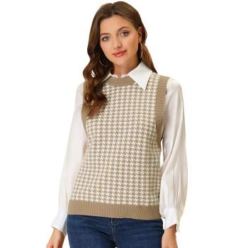 Allegra K Women's Round Neck Sleeveless Houndstooth Plaid Knitted Sweater Vest