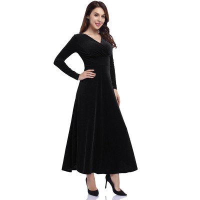 Women's V-Neck  Velvet Dress Long Sleeve Elegant Party Dress - Ruched Waist Midi Dress for Weddings, Holiday Parties