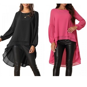 INSPIRE CHIC Women's Lantern Long Sleeve Round Neck High Low Irregular Hem Casual Blouse 2 Packs - 1 of 4
