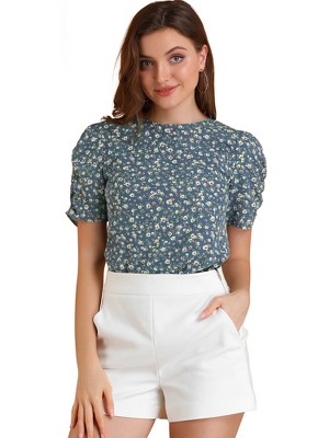 INSPIRE CHIC Women's Floral Summer Crew Neck Casual Shirred Short Sleeve Blouse