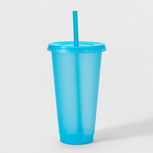 Plastic Tumbler with Straw; Blue
