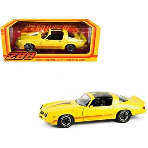 1980 Chevrolet Camaro Z28 with T-Tops Bright Yellow with Stripes 1/18 Diecast Model Car by Greenlight - 1 of 3