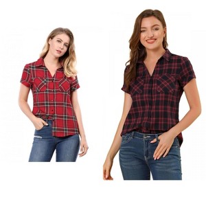 Allegra K Women's Classic Short Sleeve Button Down Plaid Shirt 2 Pcs - 1 of 4