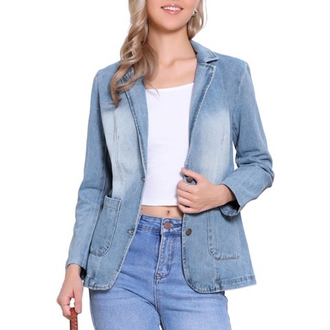 INSPIRE CHIC Women's Notched Lapel Button Down Long Sleeves Casual Denim Jacket Medium Light Blue
