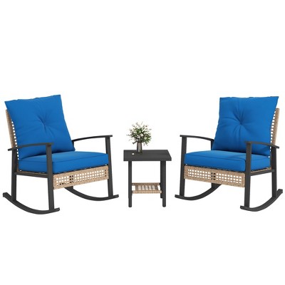Outsunny 3 Pieces Patio Bistro Set, Wicker Furniture Set with Button Tufted Cushions, Rattan Rocking Chairs and Coffee Table